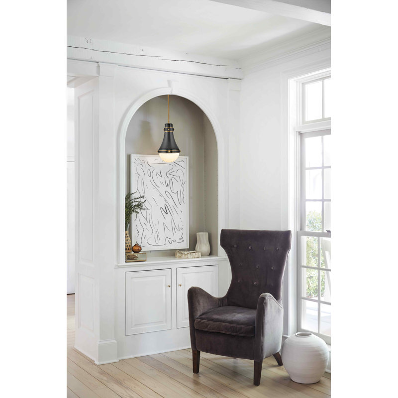 Oliver Adjustable Pendant Light w/ Etched Opal Glass, Black, 15.5" H x 9" W x 9" D