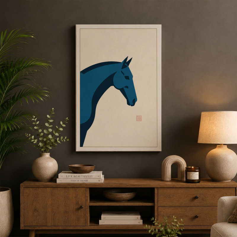 Horse in Contemplation Japandi 1 Piece Wrapped Canvas Wall Art, 18x12 - 45.7 x 30.5 cm, Black Border