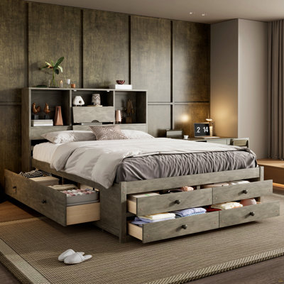Grand lit plateforme avec tête de lit à rangement et 8 tiroirs