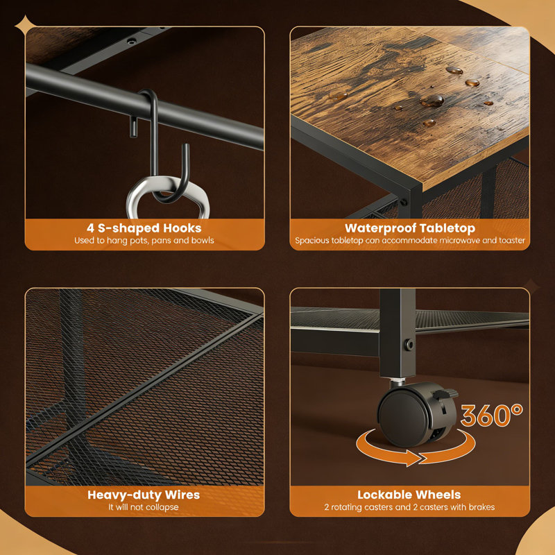 Chariot à micro-ondes à 3 niveaux avec tablette réglable et roues verrouillables, support de rangement de cuisine mobile pour café, bureau, salon