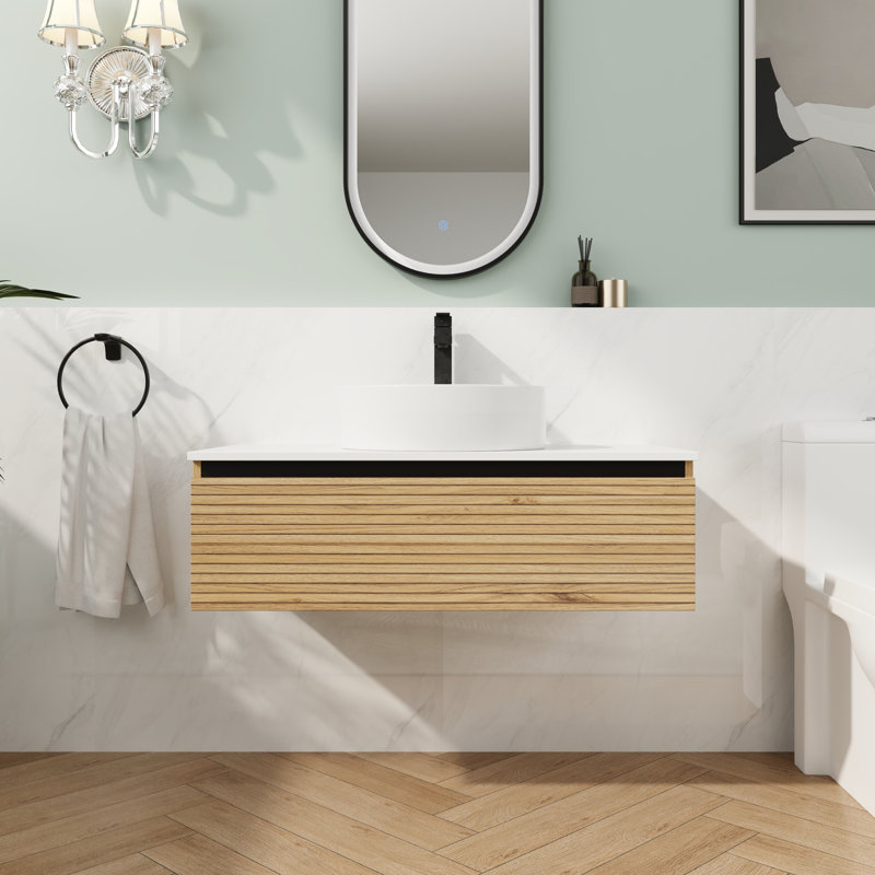 Meuble-lavabo mural 36 po avec lavabo en céramique et tiroir à fermeture en douceur, 35.43", Blanc
