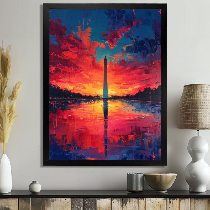 «Blue Red National Pride Washington Monument II - Monuments», art mural, H 16 po x l 32 po, Cadre simple noir
