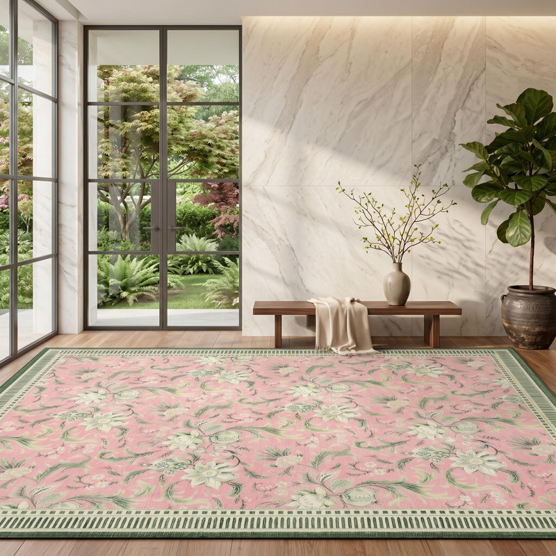 Washable Area Rug, 8x10 Floral Soft Rug for Living Room, Non Slip Low Pile Carpet for Living Room, Bedroom, Dining Room, Pink