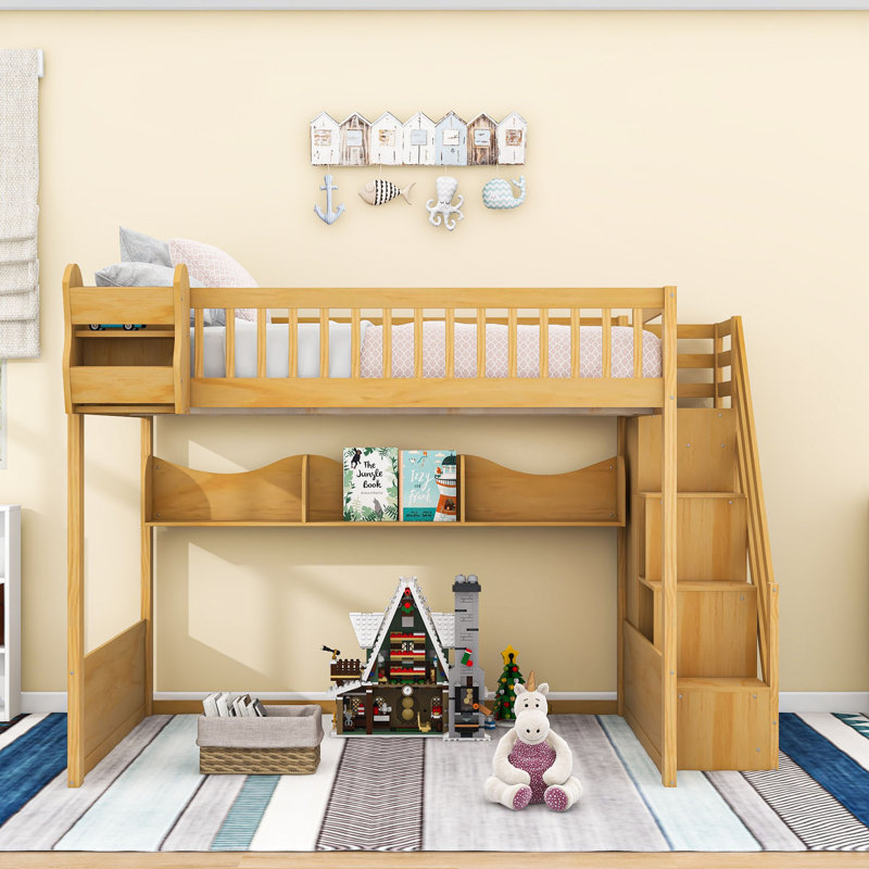 Wooden Loft Bed With Staircase, Wardrobe And Storage Shelves, Natural