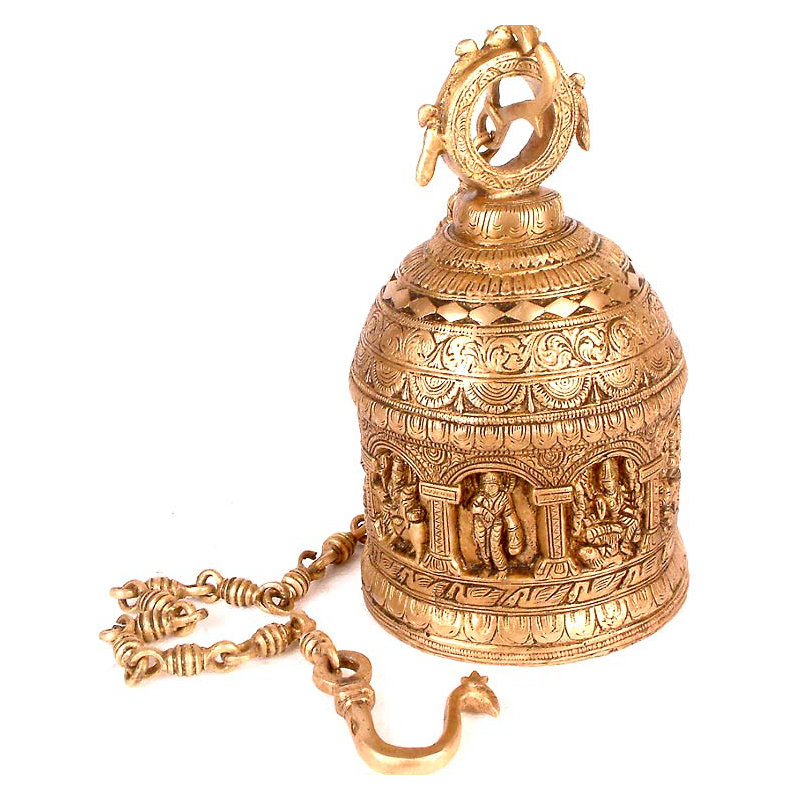 36" Brass Nava Durga Hanging Bell - Handmade Nine Forms of Durga Temple Puja Decor Ritual Bell
