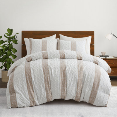 Boho Textured Duvet Cover Set, 3-Piece Lightweight Geometric Stripe Bedding Set with Zipper Closure & Corner Ties, Soft Microfiber Bohemian Chic Bed Set, Includes 2 Pillow Shams (Beige/White)