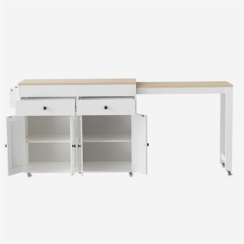 74.5-inch Expandable Dining Table Kitchen Island with Wheels, Mobile Kitchen Island with Spice Rack and 2 Drawers, 4-door Cabinet Kitchen Storage Cart, Suitable for Kitchen, Restaurant, White