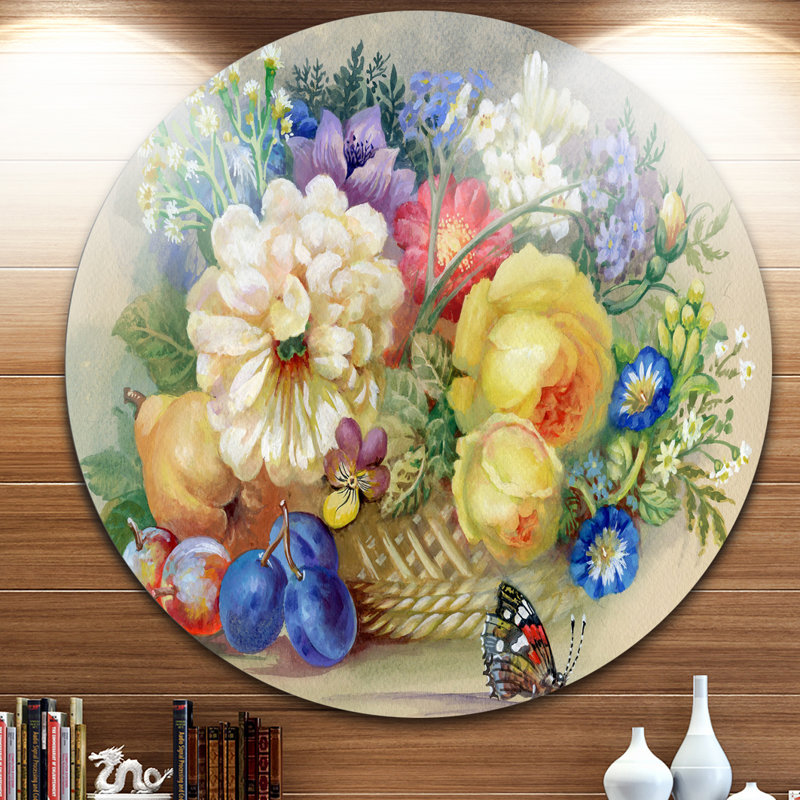 « grappe de fleurs et fruits », reproduction de peinture à l’huile sur métal, H 36 po x l 36 po x P 1 po