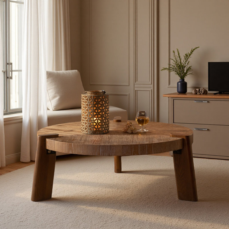 36.62'' Rustic Wood Round Coffee Table For Living Room, Easy Assembly