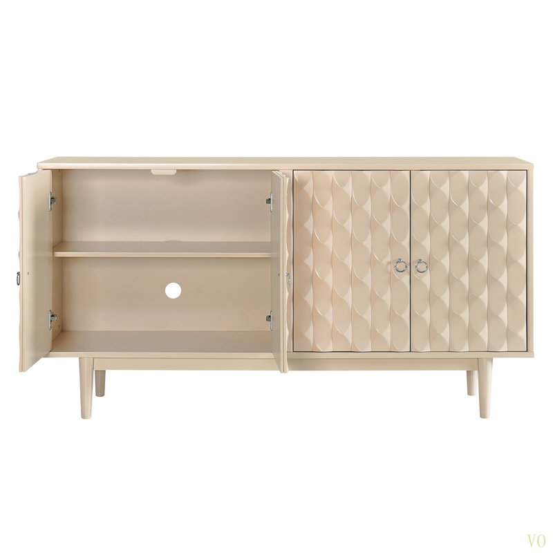 Buffet moderne à 4 portes avec portes à motif convexe et 2 poignées pour le salon, la salle à manger, la cuisine, Beige