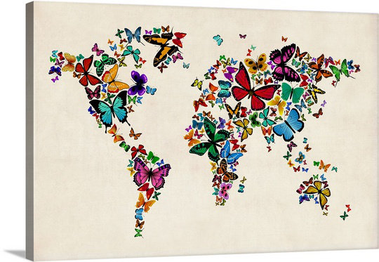 «Butterflies Map of the World» par Francy, impression, H 24 po x l 36 po x P 1,5 po, Toile
