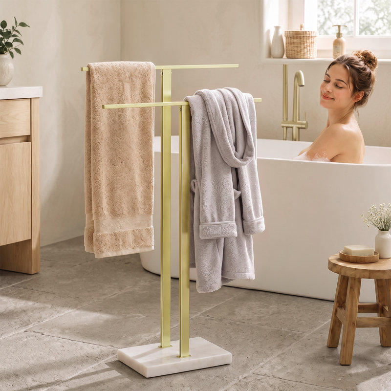 KES Porte-serviettes autoportant à 2 niveaux H 33 po avec base en marbre lesté pour salle de bain en acier inoxydable 18/8, or brossé