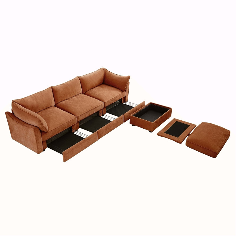 Canapé modulaire en L à 3 places avec repose-pieds mobile, accoudoirs en forme de croissant et coussins enveloppants, tissu chenille doux pour le confort