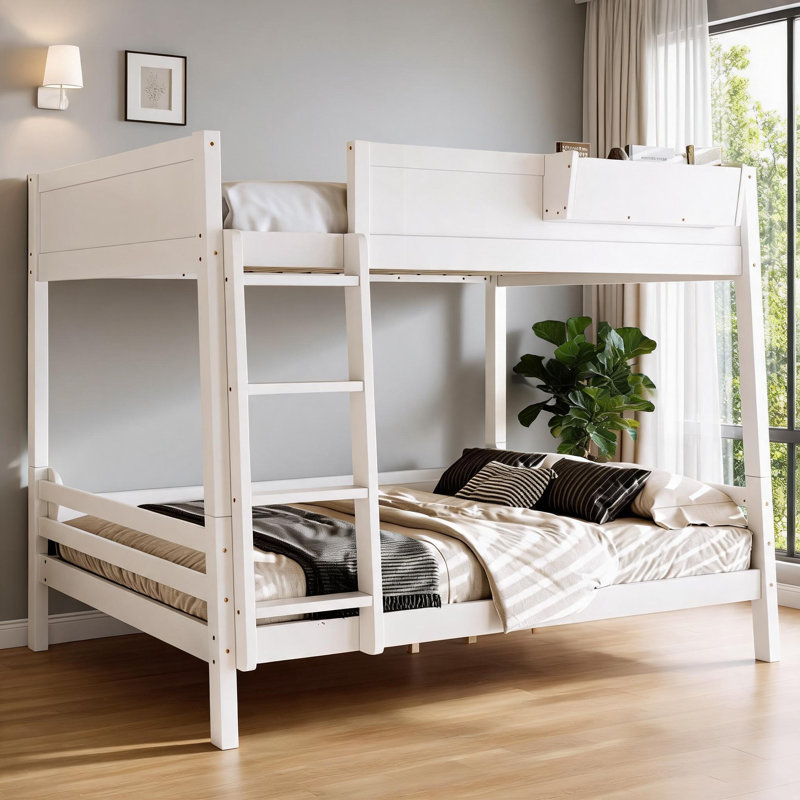 Grand lit superposé détachable axé sur le rangement, cadre de lit en bois pour chambre avec tablettes de rangement intégrées et garde-corps de sécurité, finition blanche