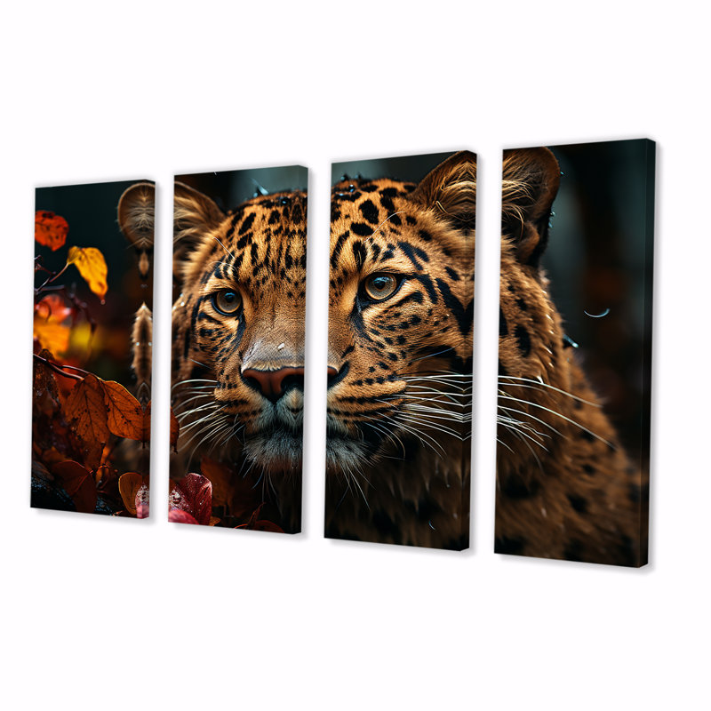Leopard Photo In Autumn II - Leopard, art mural sur toile 4 pièces, H 28 po x l 48 po