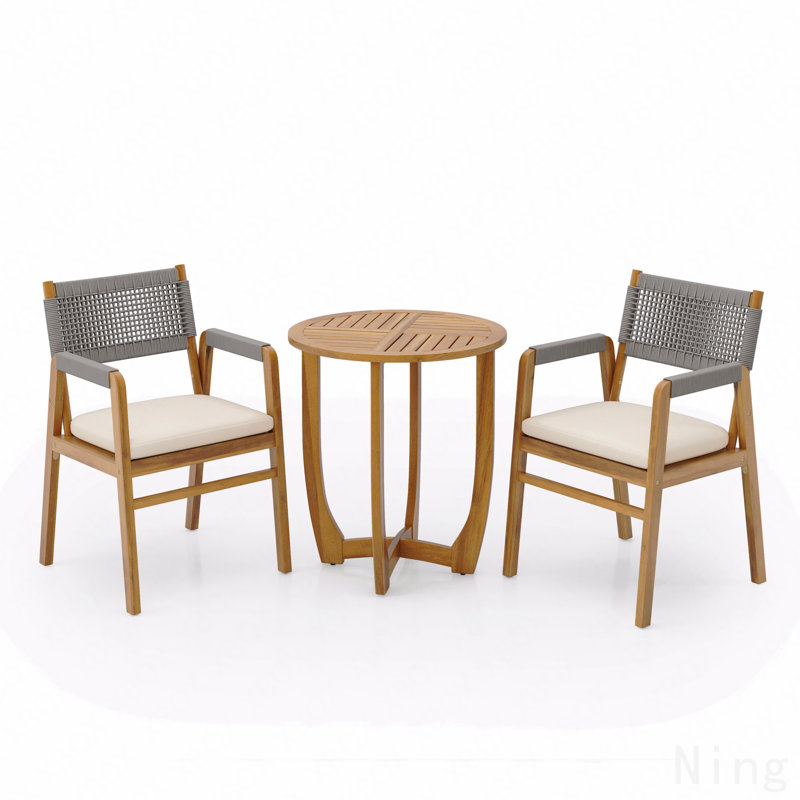 Ensemble repas d'extérieur en bois d'acacia avec coussin, corde noire et teck 3 pièces, Gris