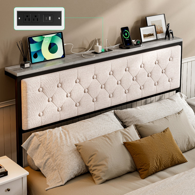 Headboard With Storage And Charging Station, Upholstered Storage Headboard Only With Bed Frame Brackets Adapter, Button Tufted Design, Easy Assembly