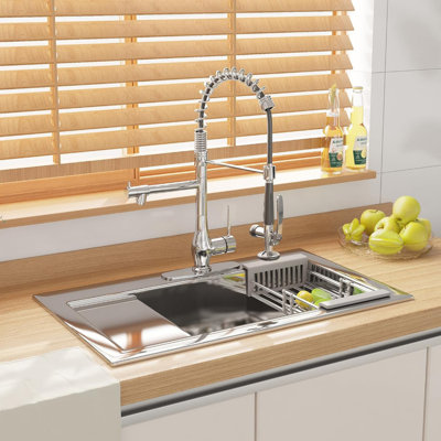 Kitchen Faucet with Pull Down Sprayer, Single Handle High Pressure Kitchen Sink Faucet, Commercial Double-Headed Kitchen Faucets Sink with Deck Plate