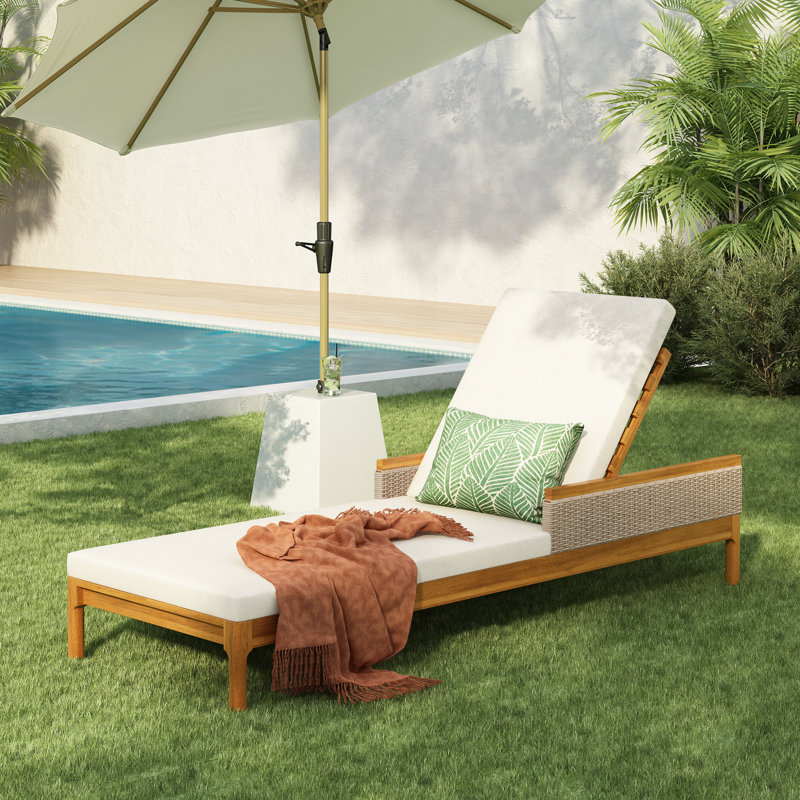 Modern Coastal Solid Acacia Wood Adjustable Outdoor Chaise Lounge with Cushions and Woven Rattan, Beige Cushion/Natural Frame