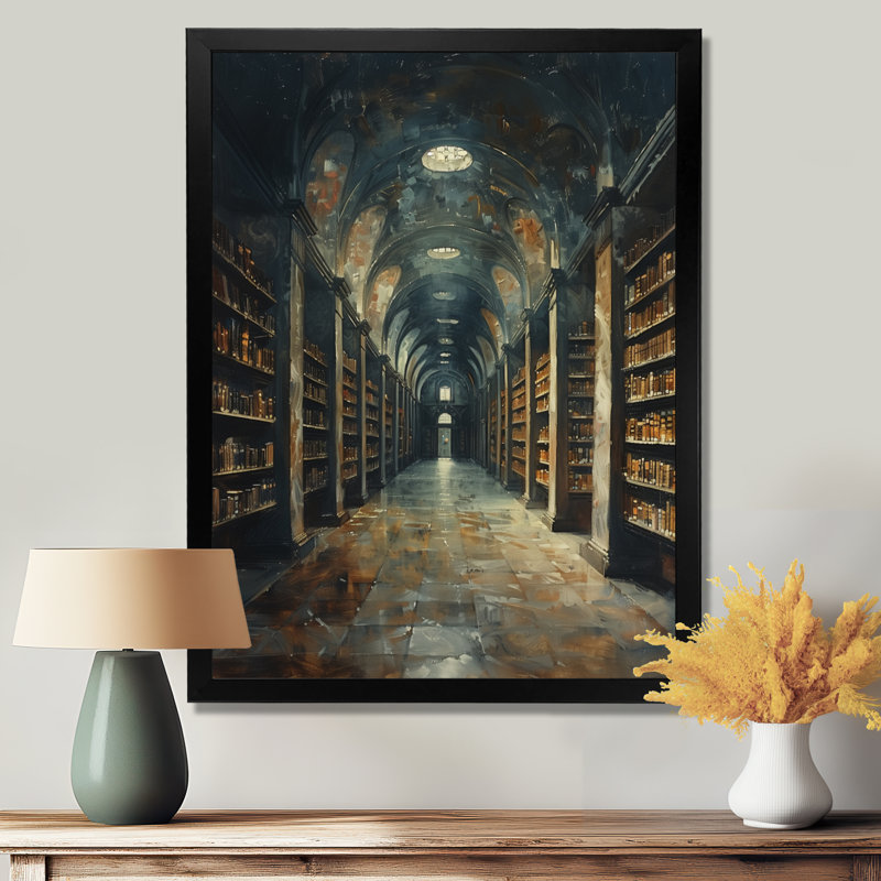 Bibliothèque historique brune, reproduction d'art mural, H 24 po x l 32 po, Cadre simple noir