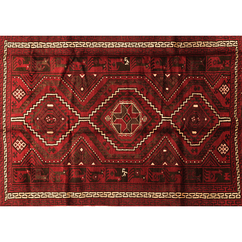 Tapis brun / rouge en laine et polyester tissé à la machine Gancho Southwestern