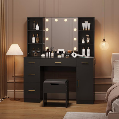 Vanity Desk with Lighted Mirror, 3 Lighting Color Make Up Table, Modern Dressing Vanity Table with Stool, 5 Storage Drawers, Black