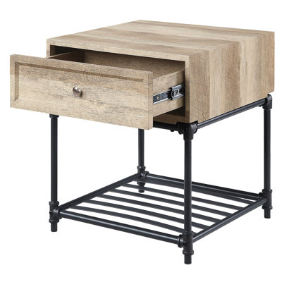 Table de bout industrielle rustique avec tiroir, table rectangulaire en chêne et abat-jour noir sable, espace de rangement