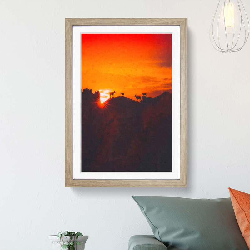 Goats upon the Mountain - Picture Frame Graphic Art Print, 87cm H x 62cm W x 2cm D, Oak Framed