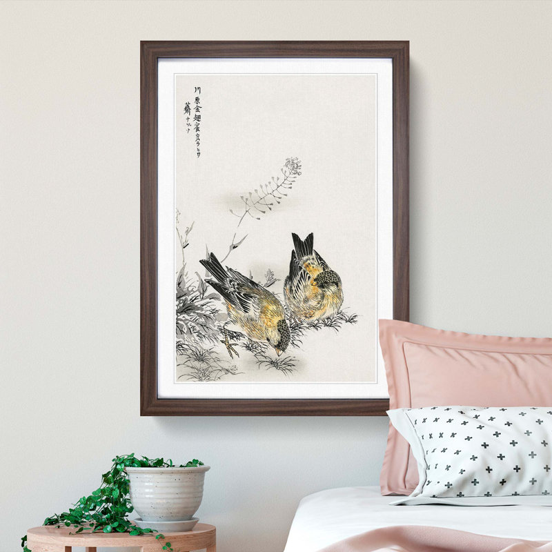 Two Japanese Greenfinch Birds by Numata Kashu - Picture Frame Painting Print, Walnut Framed, 65cm H x 48cm W x 2cm D