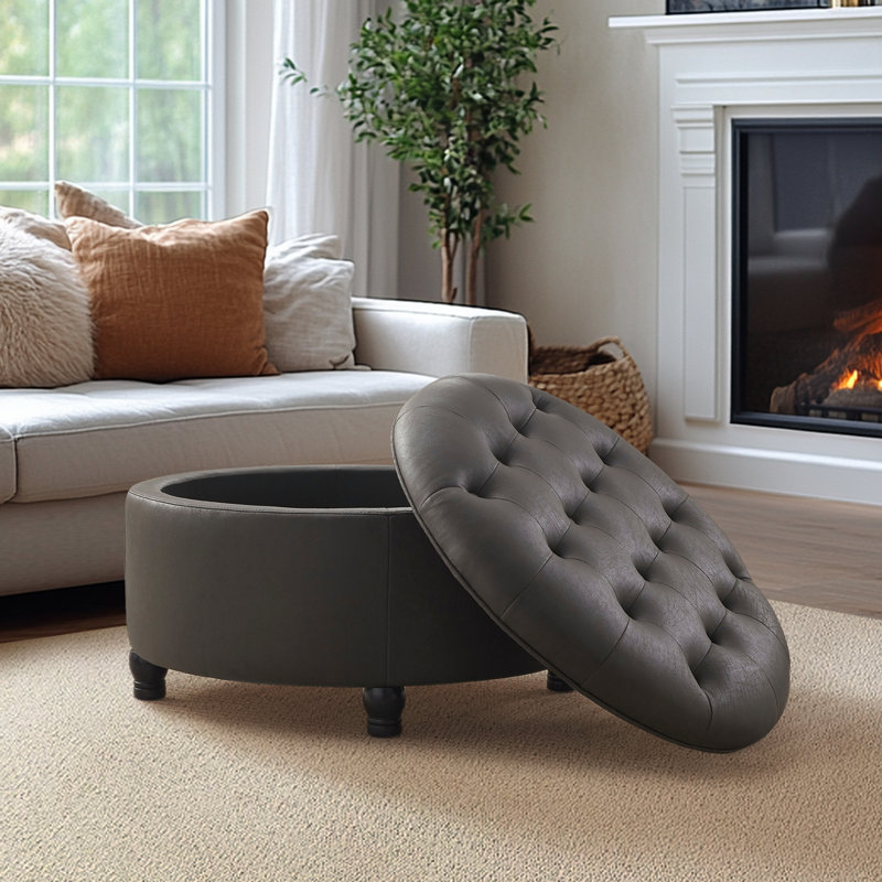 Dimitrika 30'W Faux Leather Tufted Round Storage Ottoman, Black
