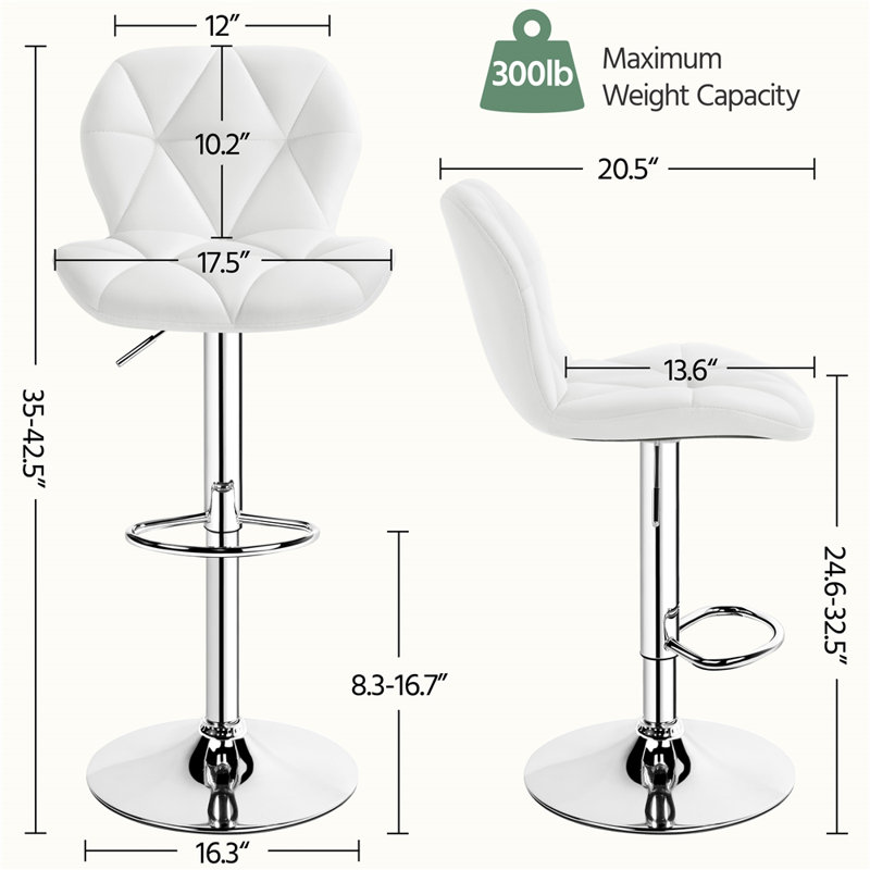 Adjustable Modern PU Leather Swivel Bar Stools with Backrest, White