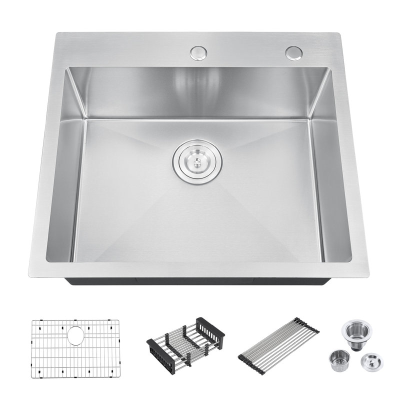Évier de cuisine encastré en acier inoxydable 304 de 25 po à cuve simple avec passoire, support de séchage et crépine