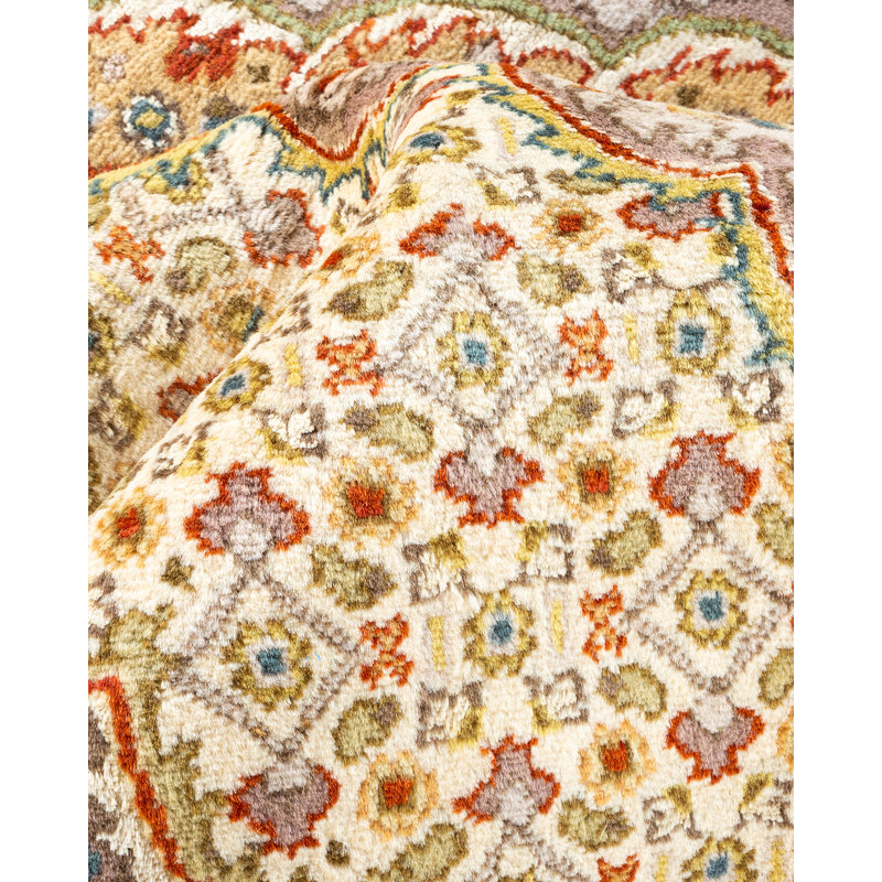 Tapis ivoire en laine noué à la main de conception unique 8 pi 1 po x 10 pi 8 po New Age