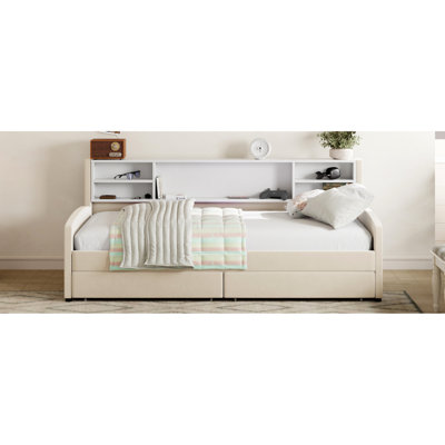 Lit simple rembourré en velours beige avec rangement supplémentaire et roulettes -, revêtement de tiroir pratique, tête de lit confortable, spacieux pour la literie d'articles personnels,