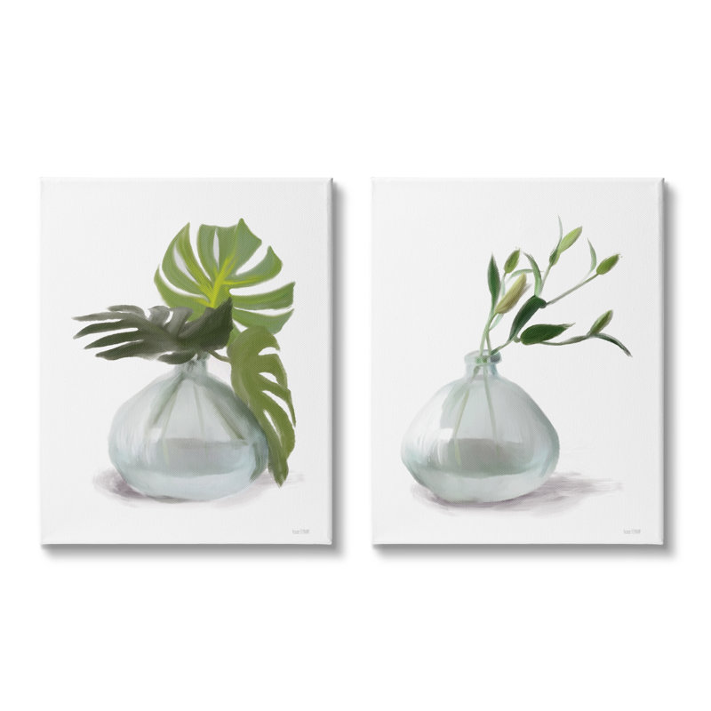 "Simple Monstera Plant Leaf Sprig" par Sally Swatland - ensemble de 2 impressions, H 30 po x l 48 po x P 1,5 po, Toile tendue