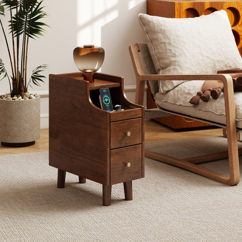 Solid Wood End Table w/ Pull-out Tray & 2 Storage Drawers Cable Management, Individual