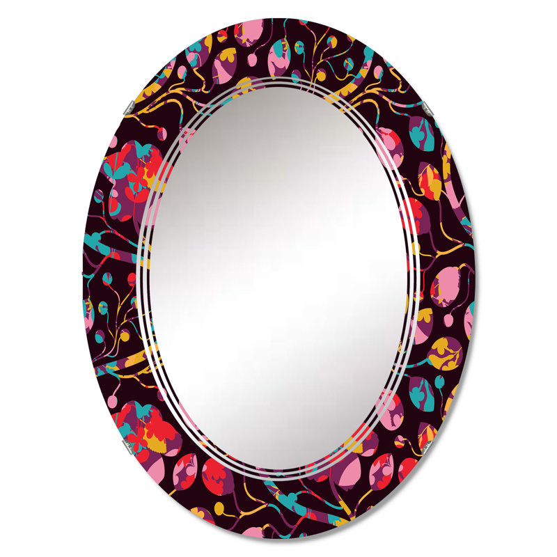 Miroir mural rouge et orange fleurs sur fond noir - Motif ovale, 36 po x 24 po