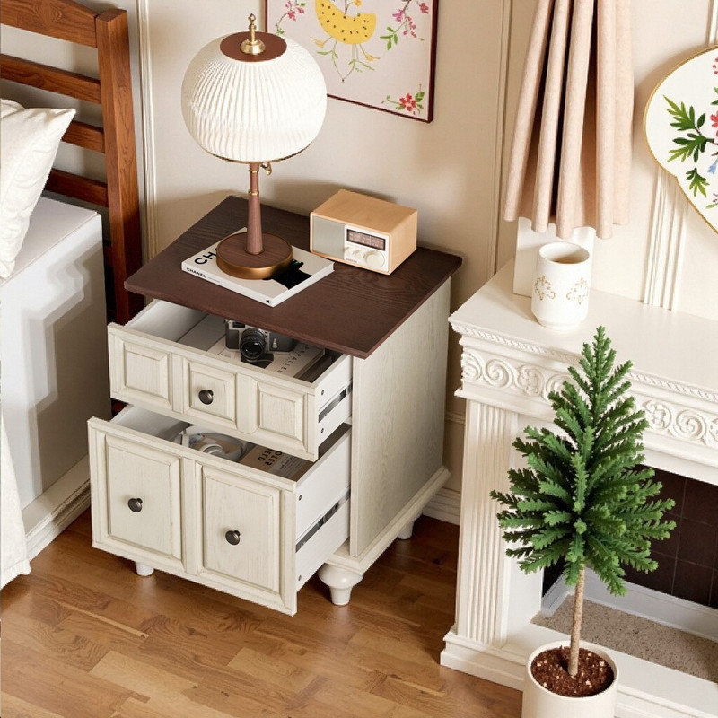 Table de chevet de style rétro avec 2 tiroirs et pieds de colonne romains L 20,47 po, Blanc