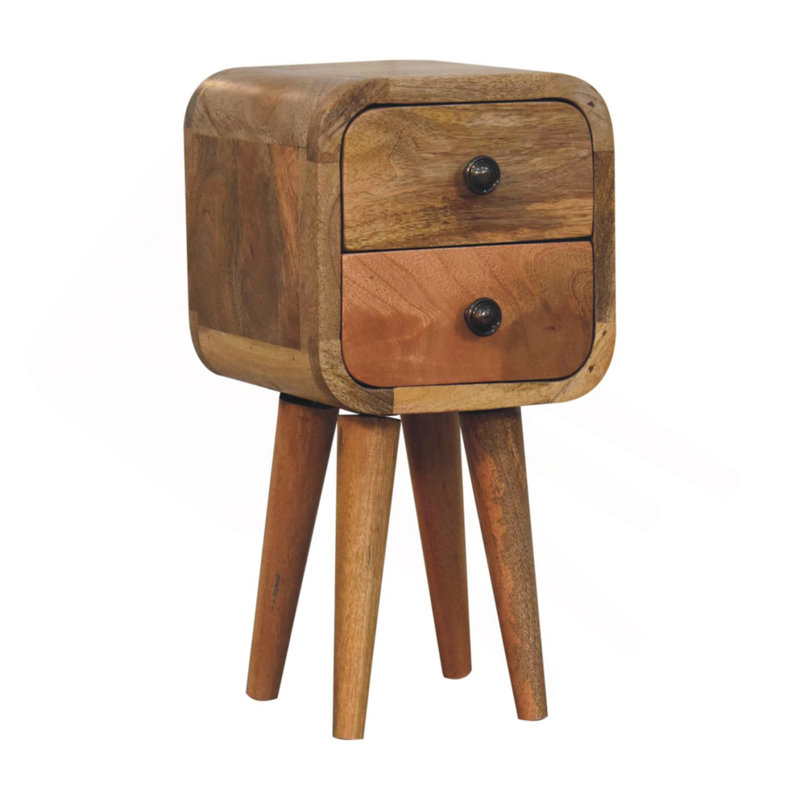 Solid Wood Extra Mini Curved Oak-Ish Bedside, Nordic Legs, 2-Drawers, Light Brown