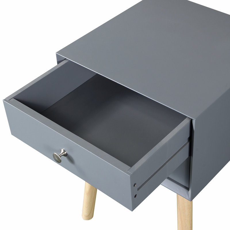 Table d'appoint, table de chevet avec 2 tiroirs et pieds en bois d'hévéa, armoire de rangement moderne Mid-Century pour le salon de la chambre à coucher, gris