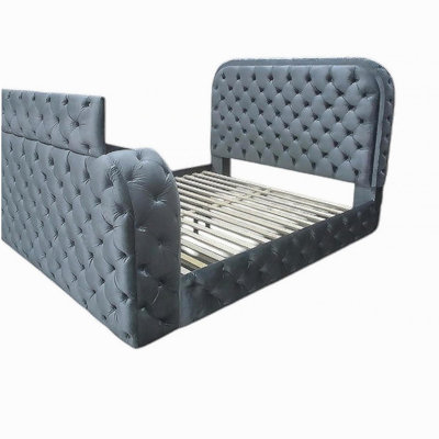 Kana Gray Upholstery Velvet Queen Bed w/LED, Fireplace & TV Stand