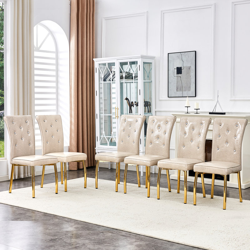 Modern Dining Chairs with PU Leather Cushioned Spring Pack, 6, Beige, Gold