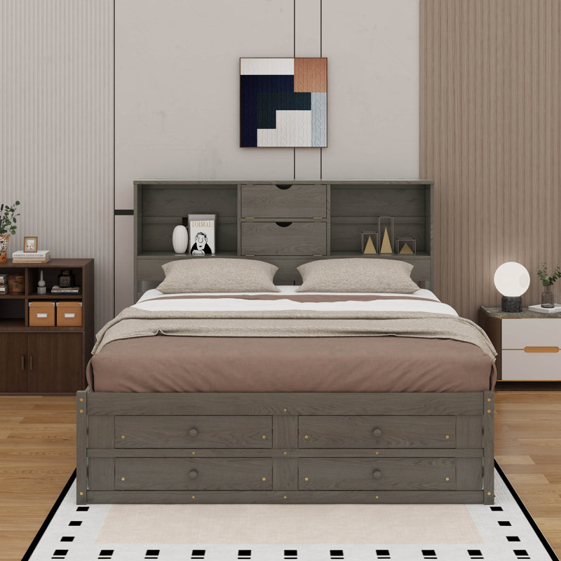 Très grand lit plateforme avec tête de lit et tiroirs, Gris, Très grand lit