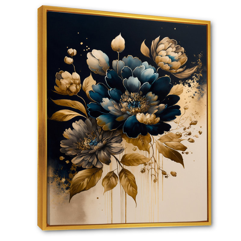 «Biston Blue and Gold Zinnia Flowers II», reproduction sur toile, H 32 po x l 16 po x P 1 po, Cadre flottant doré