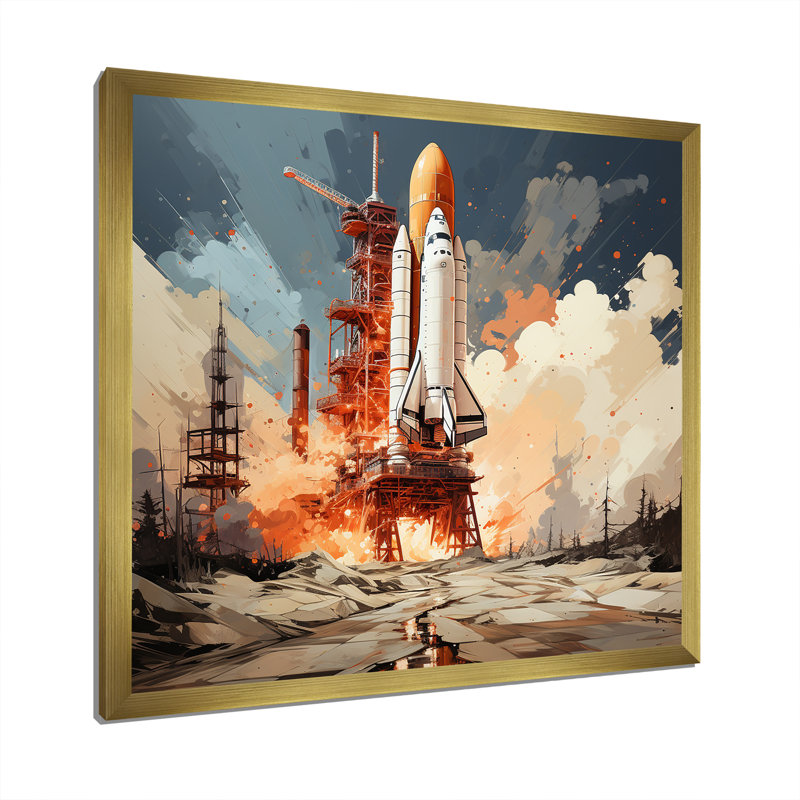 Lancement de la Navette spatiale moderne, H 24 po x l 24 po x P 1 po, Cadre doré simple