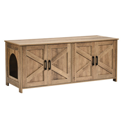 Greige Wooden Cat Litter Box Enclosure Furniture, 2-in-1 Hidden Litter Box with Storage & 2 Rooms