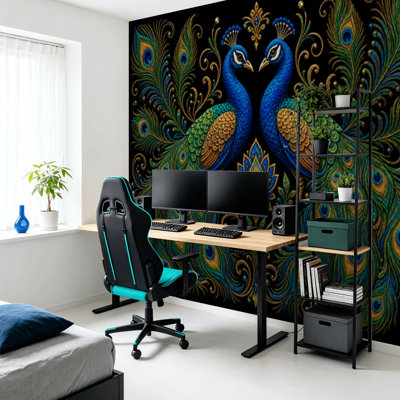 Murale auto-adhésive moderne pour la chambre à coucher avec motif de paons Peel and Stick L 69 po x l 96 po