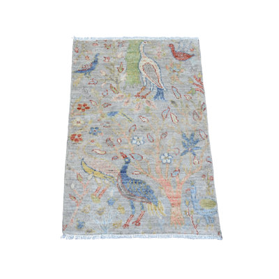 2'1"x3'1" Medium Grey, Afghan Peshawar with Birds of Paradise Design, Hand Knotted, Soft Wool, Veggie Dyes, Mat, Sample, Oriental Rug