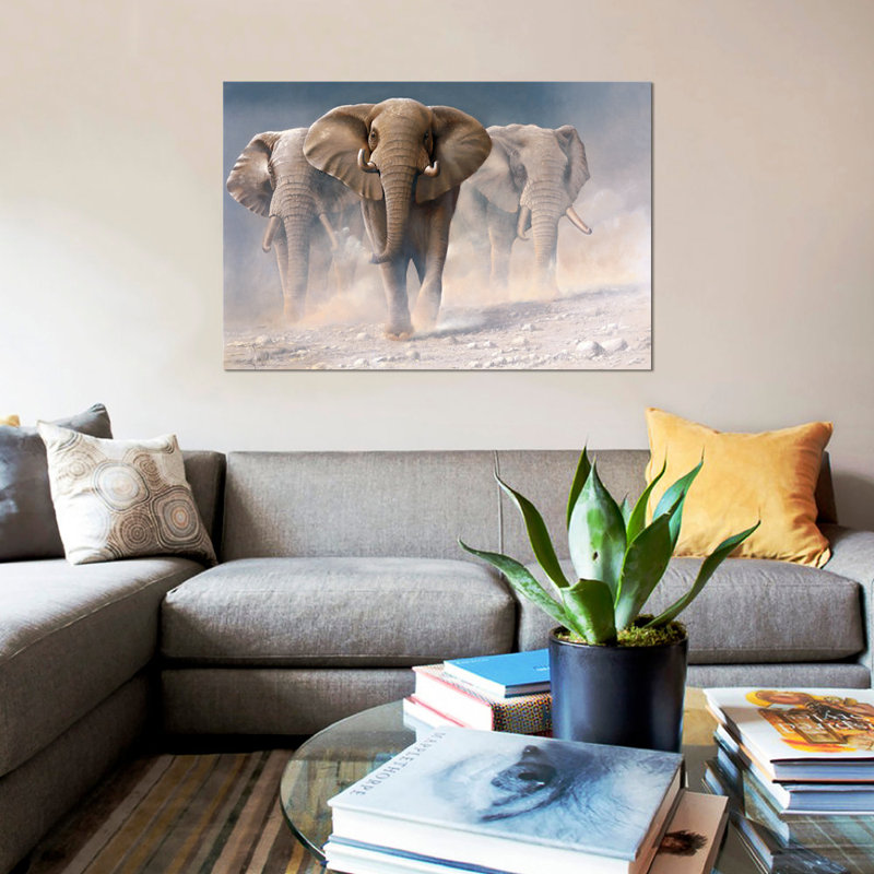 «Run Elephants I», impression sur toile, H 26 po x l 40 po x P 1,5 po, Pas de tapis, Toile tendue