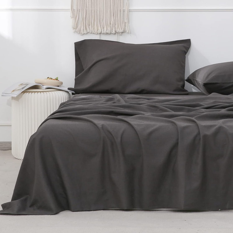 Belgian Linen Sheet Set Solid Color Natural Flax Cotton Blend Soft Breathable Farmhouse Bedding, Dark Gray